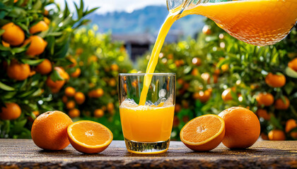Fresh orange juice pouring into a glass on the background of oranges in the garden