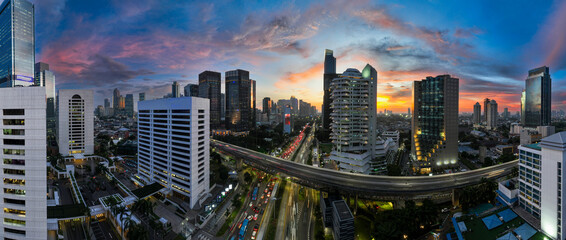 Panoramic view of jakarta City, Indonesia, with beautiful sunset. Jakarta is the largest city in...