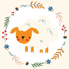 autumn  collection with floral wreath and animals. Sheep, cat, frog and snail.  Vector illustration.