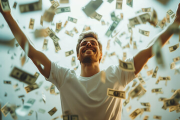 Happy successful man standing under money rain. A lot of dollar banknotes falling on smiling man. Success and wealth concept