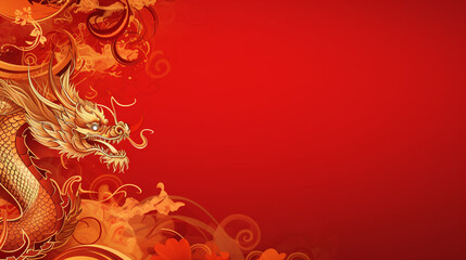 Vibrant red with a hint of gold during Chinese New Year. Template: Illustration of a dragon dance winding through the banner. Generative AI.