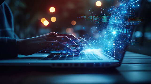 Person is using a laptop with a futuristic blue cyber network graphic overlay