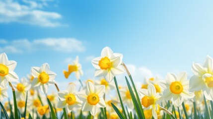 Fototapeta premium Spring floral background of Daffodils on a blue sky background with copy space. Beautiful mockup, text frame.