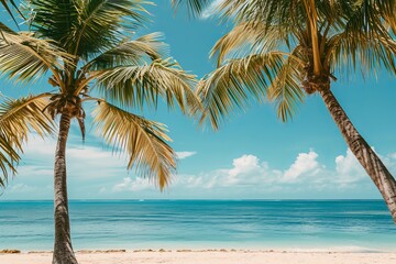 Tropical beach with palm trees and clear blue sky.