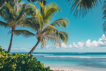 Fototapeta premium Tropical beach with palm trees and clear blue sky.