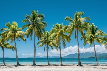 Obraz premium Tropical beach with a row of palm trees against a clear blue sky, with ocean and mountains in the background.