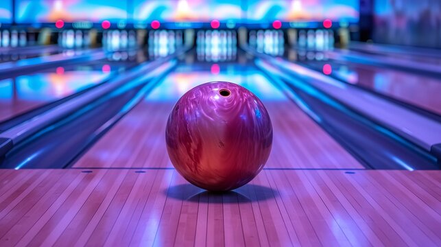Bowling strike  ball crashing into pins on alley line during sports competition or tournament.