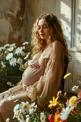 Beautiful Pregnant Woman holds her Belly in Joyful Anticipation Wallpaper Digital Art Magazine Background Poster Card