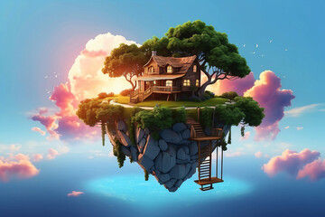 3d floating island and house,clouds