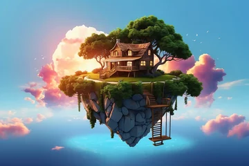 Poster 3d floating island and house,clouds © Misno