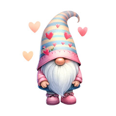 Cute whimsical gnome design elements valentine day watercolor on an On transparent background.