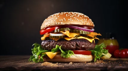 Fototapeten Tasty cheeseburger on aged gray backdrop in a modern American cuisine. © ckybe