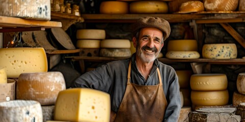 Smiling cheese maker in his shop surrounded by artisan cheeses. portrait of a joyful craftsmen in a rustic setting. AI - obrazy, fototapety, plakaty