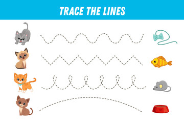 Tracing lines for kids. Cute cats. Cartoon kitten.Handwriting practice. Educational game for preschool kids. Activity page. Vector illustration. 