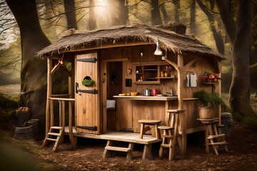 Fototapeta na wymiar A rustic children's playhouse with a thatched roof, a small wooden porch, and a mini kitchenette, providing a magical and imaginative space for endless hours of play and adventure.