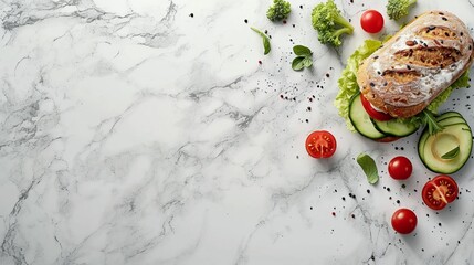 Fresh vegetarian avocado and vegetable sandwich   healthy diet breakfast on white table   top view - Powered by Adobe