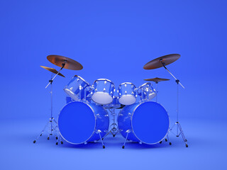Fototapeta na wymiar A cool, large blue drum kit stands in a blue room. 3D Render.