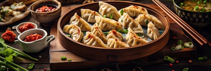 Wooden plate with Chinese dumplings sprinkled with green onions and chili sauce on a dark...