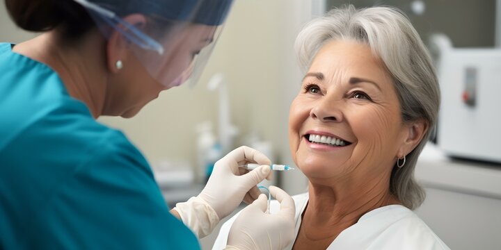 Elderly woman smiling at dental check-up. caring dentist in clinic. positive healthcare experience and oral hygiene maintenance. AI