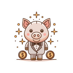 Piggy bank and dollar cents  on white background. Pig in costume cartoon character. Icon saving or accumulation of money, investment. The concept of banking or business services. Vector illustration.