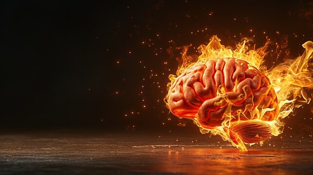 Exploding brain on fire illustrating parkinson s, alzheimer s, dementia, or multiple sclerosis.