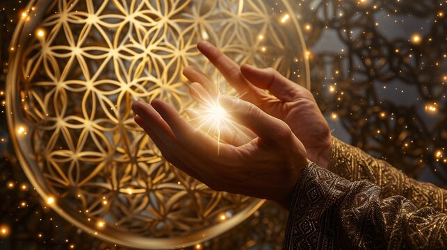 Golden Flower of Life background with male parallel hands and a white star light for a spiritual holistic healing theme.