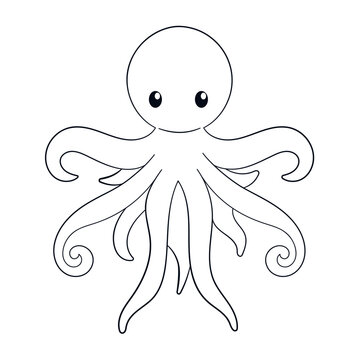 Octopus in line art style. Design for children book. Vector illustration isolated on a white background.