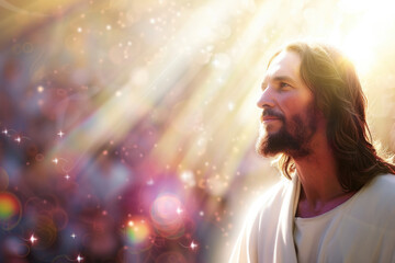 illustration of jesus christ in white clothes and loving peaceful face teaching crowd, blurry people and light rays in background