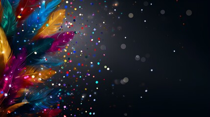 Colorful feathers and confetti on dark background - Format 16:9