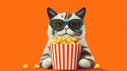 Cat with glasses and with popcorn on an orange background with space for text