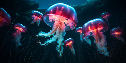 Glowing sea jellyfishes on dark background neural network, Jellyfish swimming in the ocean, Neon jellyfish in neon light, A digital painting of jellyfish in pink and blue
 - obrazy, fototapety, plakaty