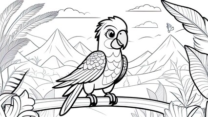 Fototapeta premium Funny parrot coloring page. parrot cartoon characters. For kids coloring book.