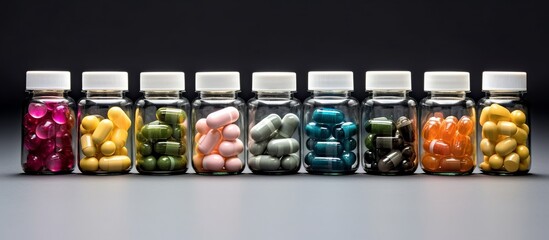 different drugs and health supplement pills poured from a medicine bottle health care - obrazy, fototapety, plakaty