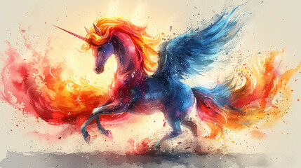 a unicorn with blue wings, and colorful feathery mane, in the style of watercolor illustrations,...