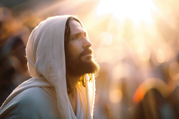 illustration of jesus christ in white clothes and loving peaceful face teaching crowd, blurry people and light rays in background - obrazy, fototapety, plakaty