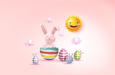 Easter bunny with colorful Easter eggs. Happy Easter holiday concept,
 minimalistic style, 3d vector. Space for copying.