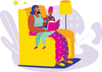 African American woman reading to child, cozy bedtime story scene. Happy mother and daughter enjoy book, sitting on yellow couch, lamp shining.