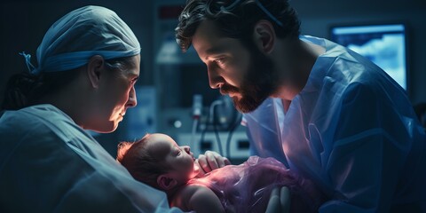 Newborn baby welcomed by healthcare professionals in a hospital setting. tender and warm. AI
