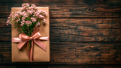 Gift box and bouquet of delicate flowers on a wooden background. View from above.