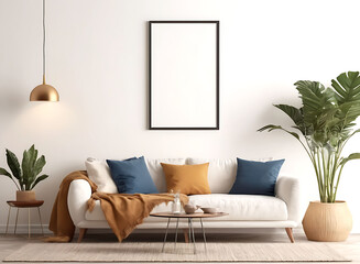 Frame mockup, ISO A paper size. Living room poster mockup. Interior mockup with house white background. Modern interior design. 3D render