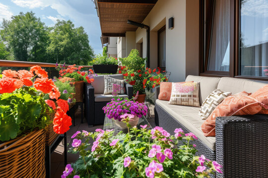 Large balcony with cozy sofas and armchairs and flower pots