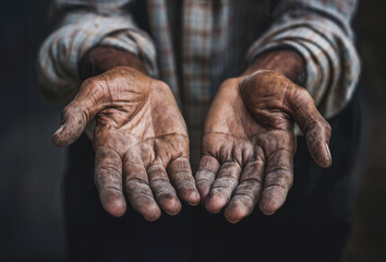 Homeless man with his hands out for donations - obrazy, fototapety, plakaty