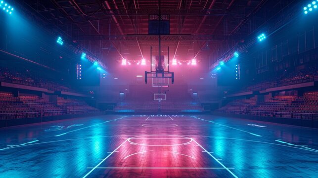 Empty basketball stadium, court with blue pink neon lights.