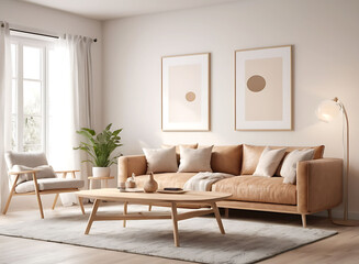 Frame mockup, ISO A paper size. Living room poster mockup. Interior mockup with house white background. Modern interior design. 3D render