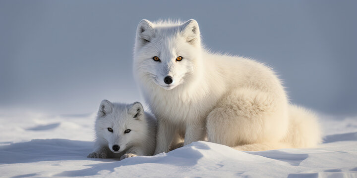 Baby arctic fox with mother