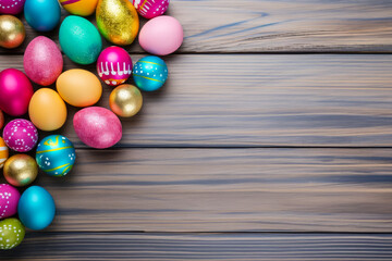 Fototapeta na wymiar Multi-colored Easter eggs on light wooden background. Happy Easter card. Close-up. View from above. Place for text