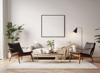 Frame mockup, ISO A paper size. Living room poster mockup. Interior mockup with house white background. Modern interior design. 3D render