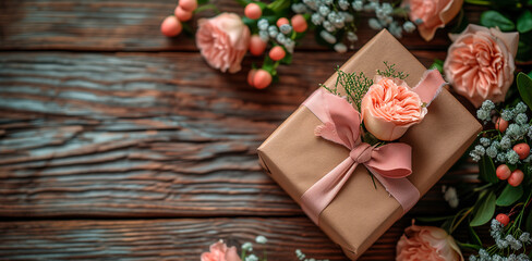 Gift box and bouquet of delicate flowers on a wooden background. Mother's Day or March 8th. View from above.