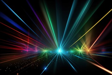 Abstract Textured Background With Colorful Light Rays And Laser Trails On Black