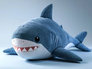 Fotobehang Cute kawaii squishy shark plush toy with realistic texture and visible stitch line.  © Aisyaqilumar